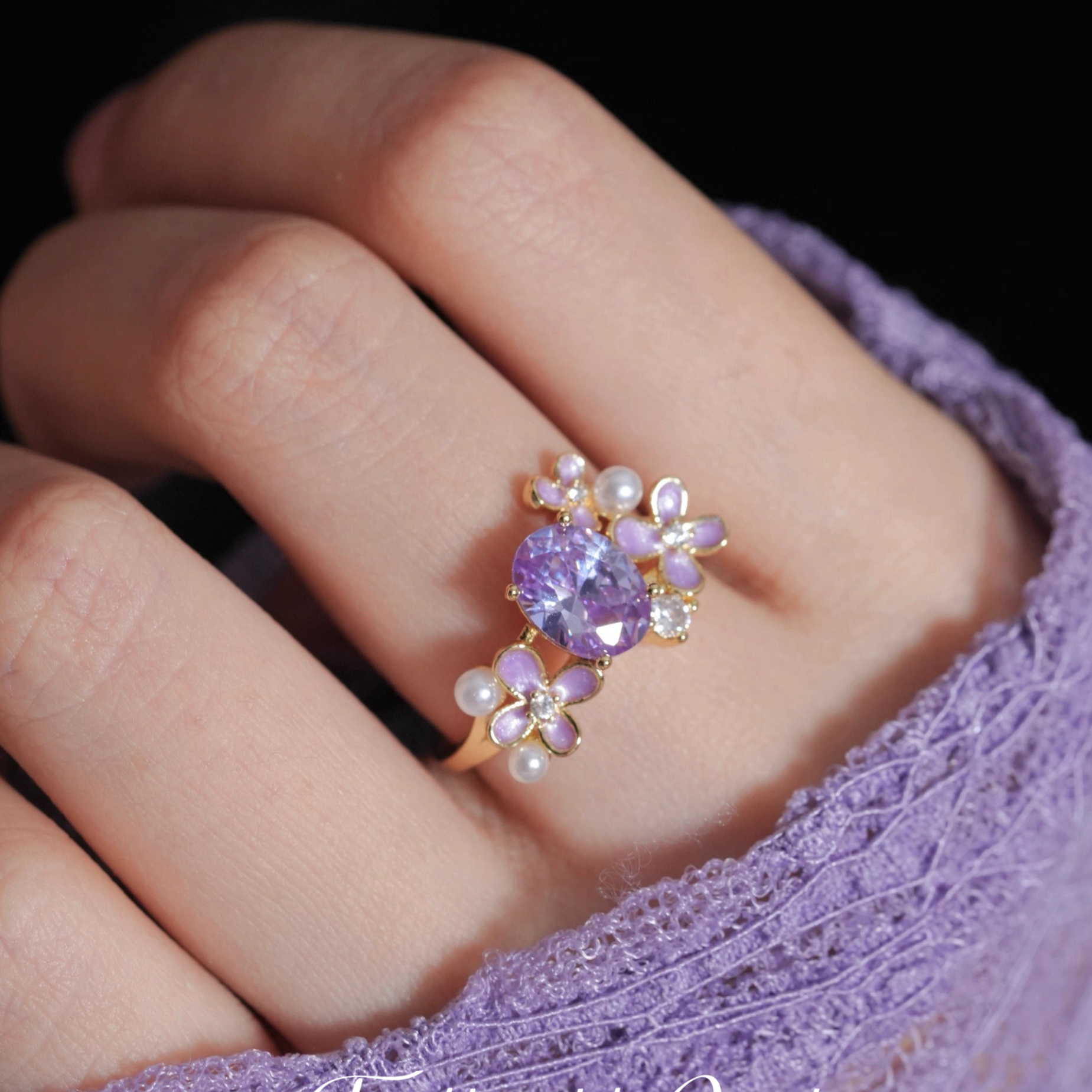 Adjustable Purple Zircon Flower Ring