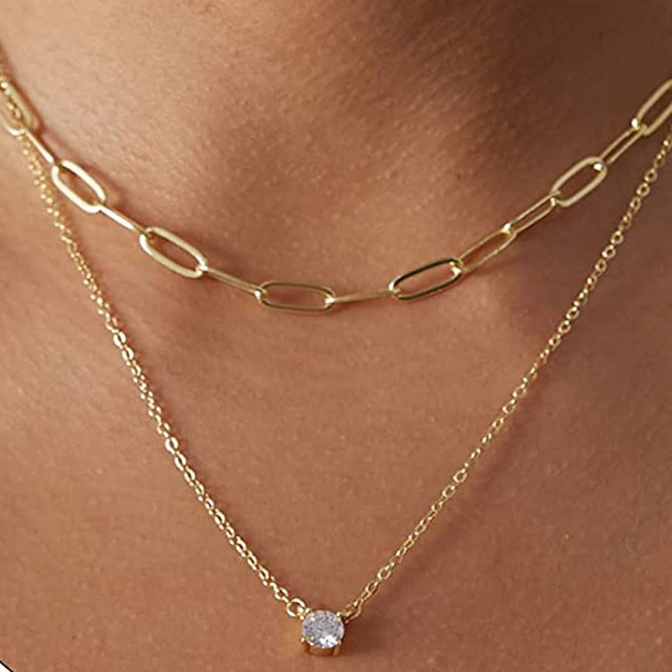 Gold Cross Chain Zircon Pendant Necklace