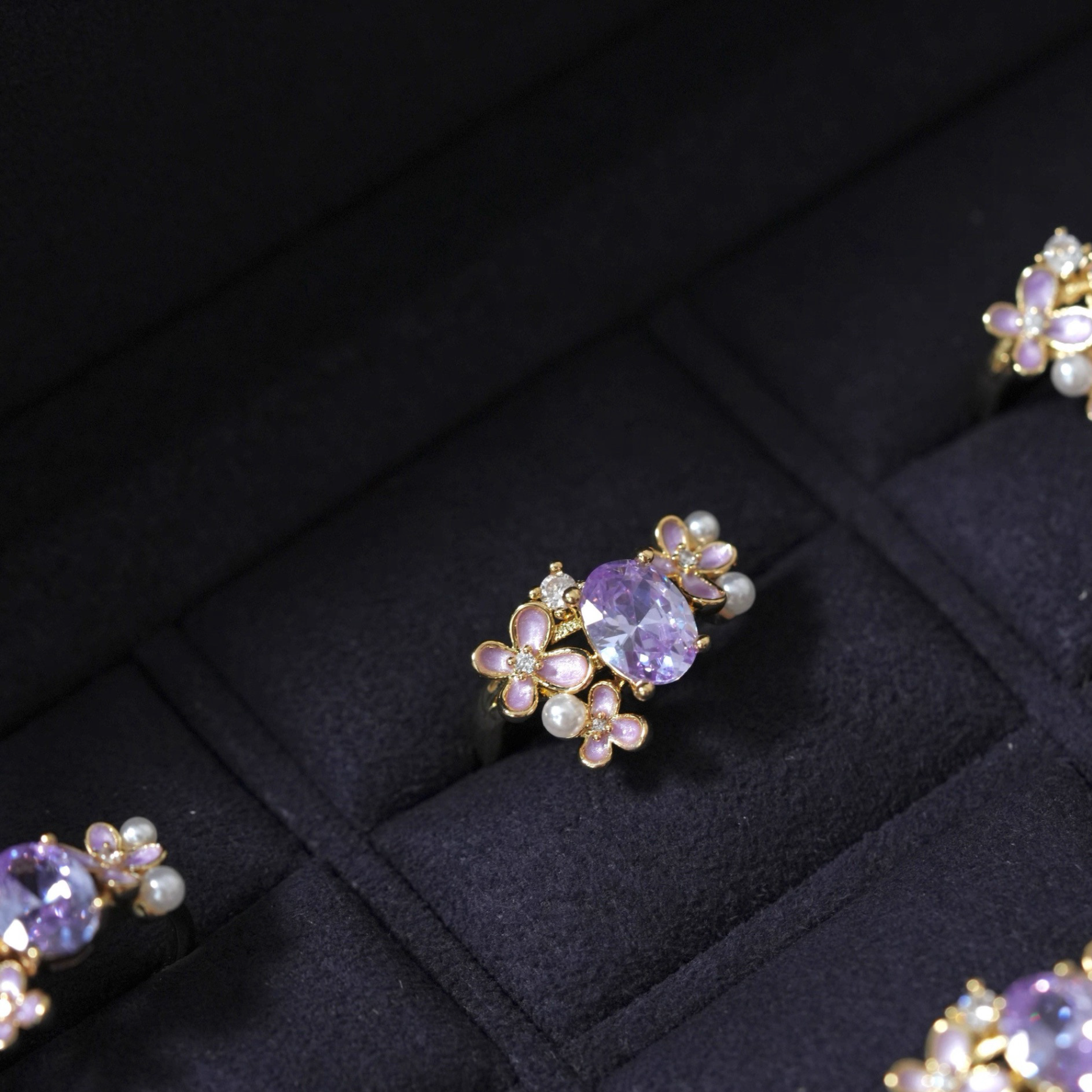 Adjustable Purple Zircon Flower Ring