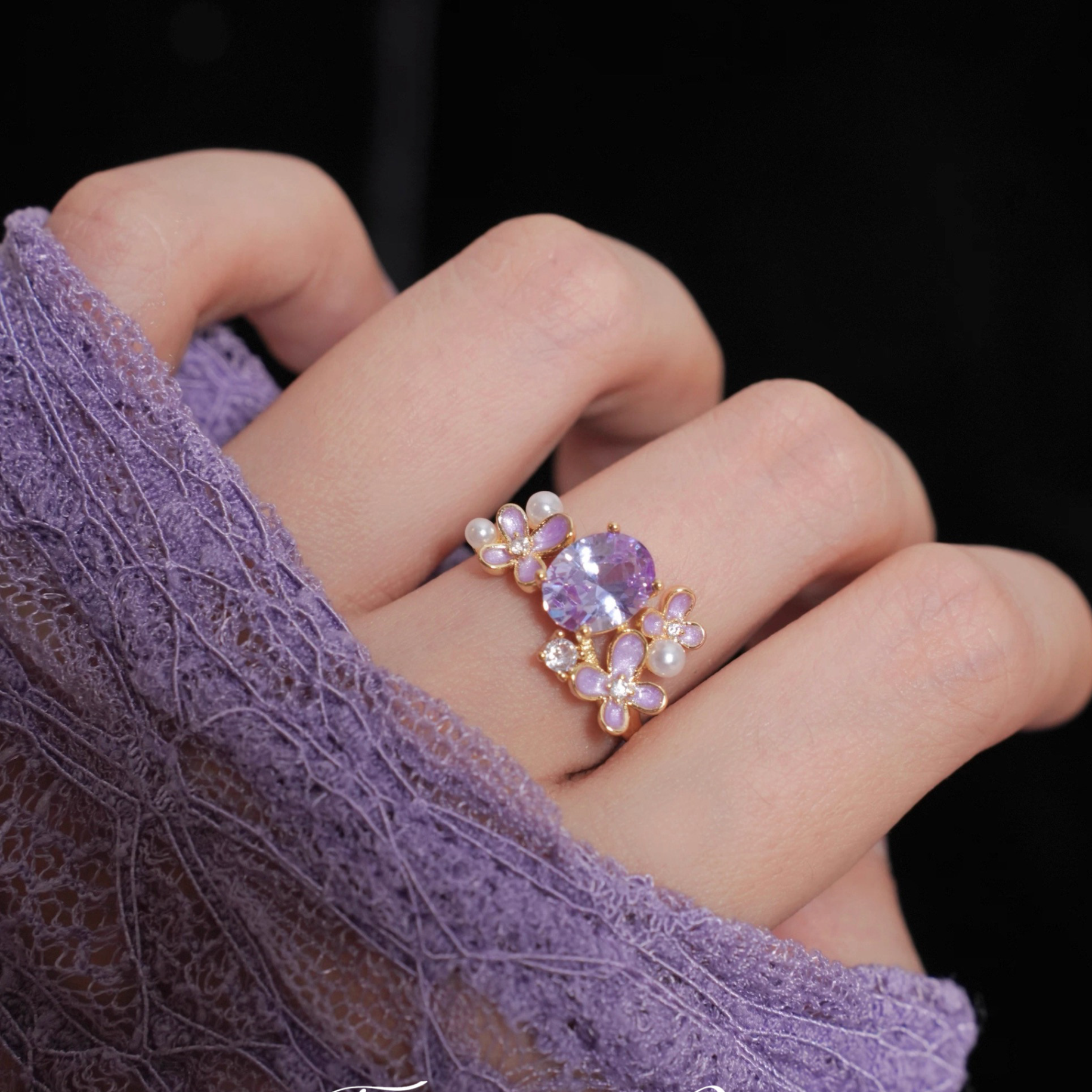 Adjustable Purple Zircon Flower Ring