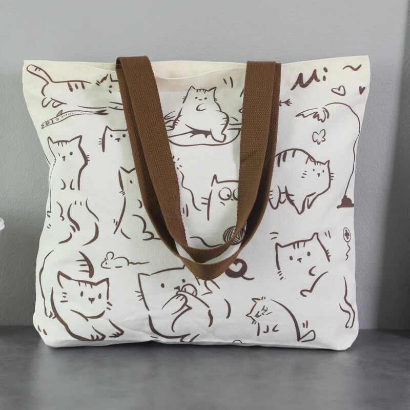 Women Canvas Tote Bag with Cartoon Design