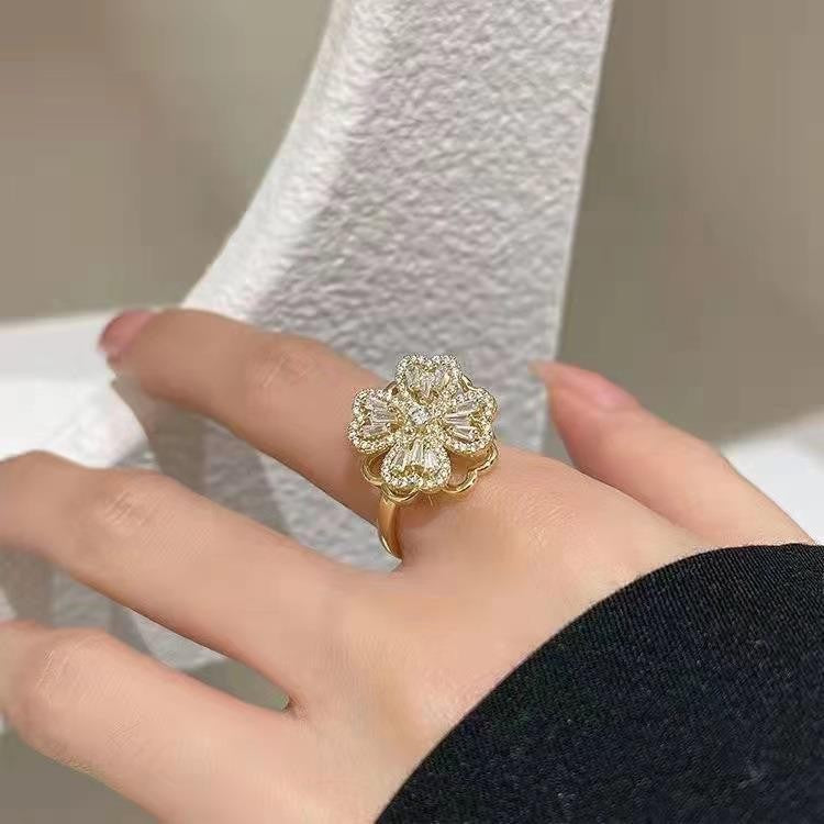 Rotatable Zircon Flower Adjustable Ring