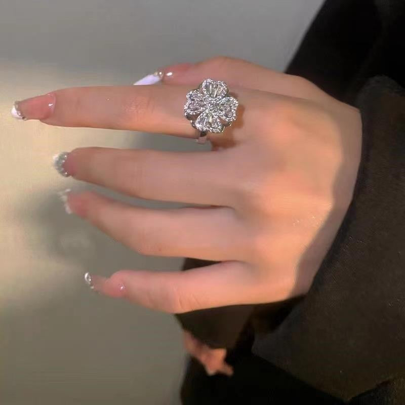 Rotatable Zircon Flower Adjustable Ring